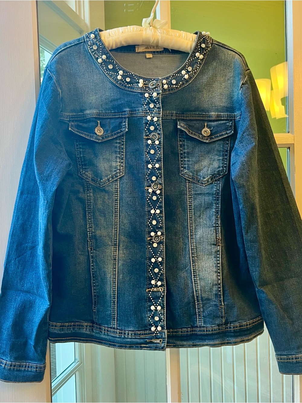 Embellished Blue Denim Jacket with Pearl & Glittery Rhinestone Accents - Picture 3 of 9
